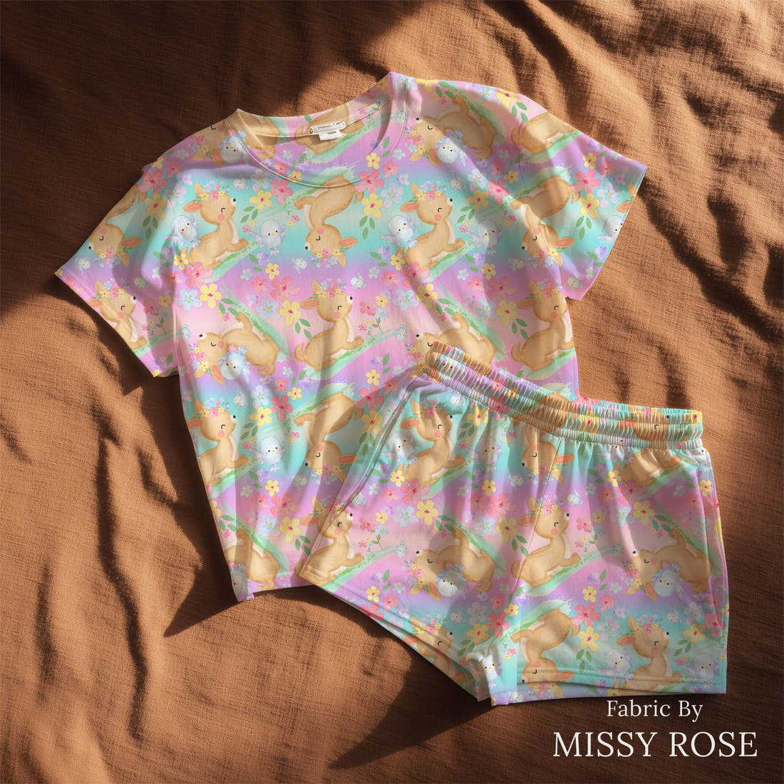 Design 922 Pastel Fawn Fabric sewn into a lounge set – see how the print looks made up | Fabric by Missy Rose