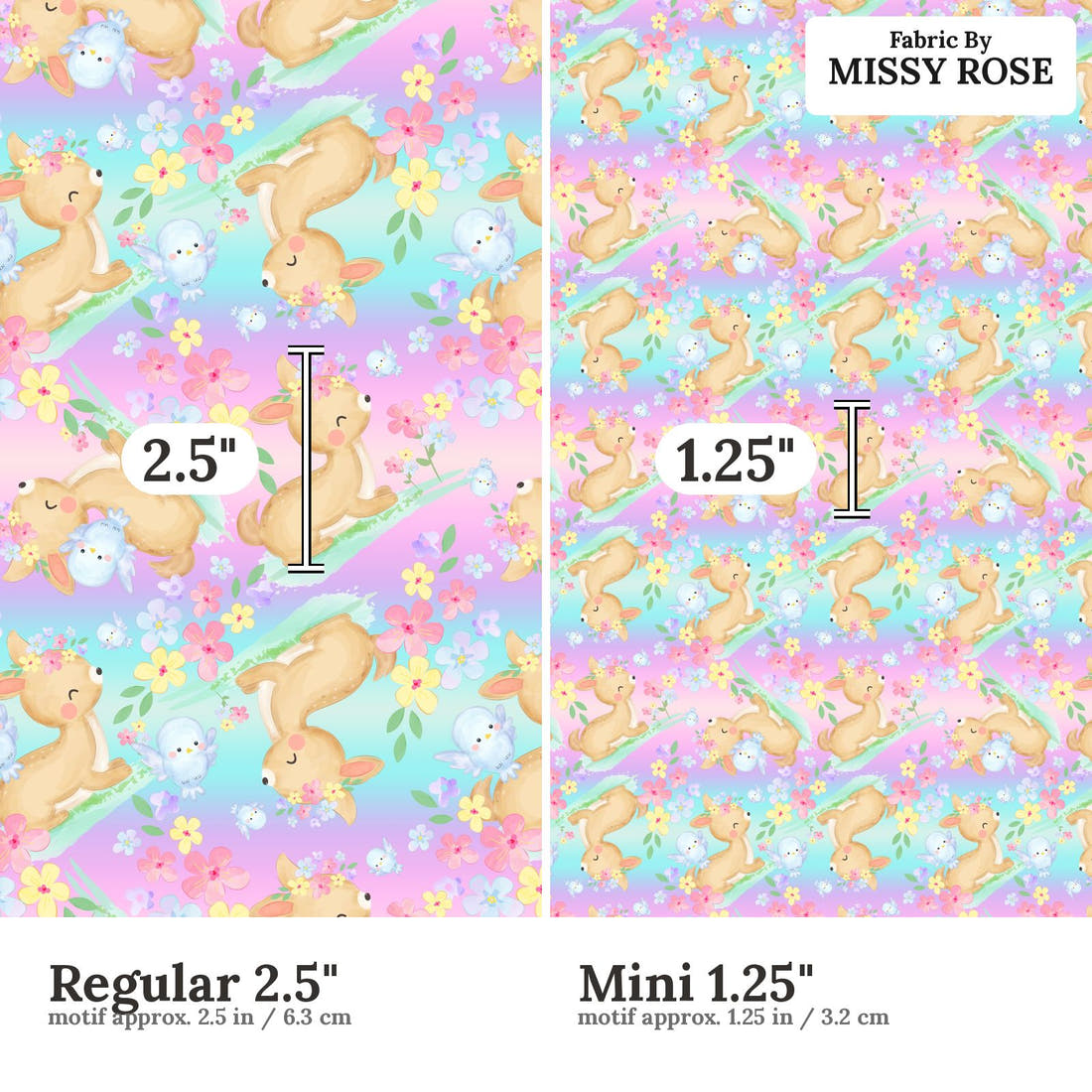 Design 922 Pastel Fawn Fabric Regular 2.5 inch vs Mini 1.25 inch print scale side by side | Fabric by Missy Rose