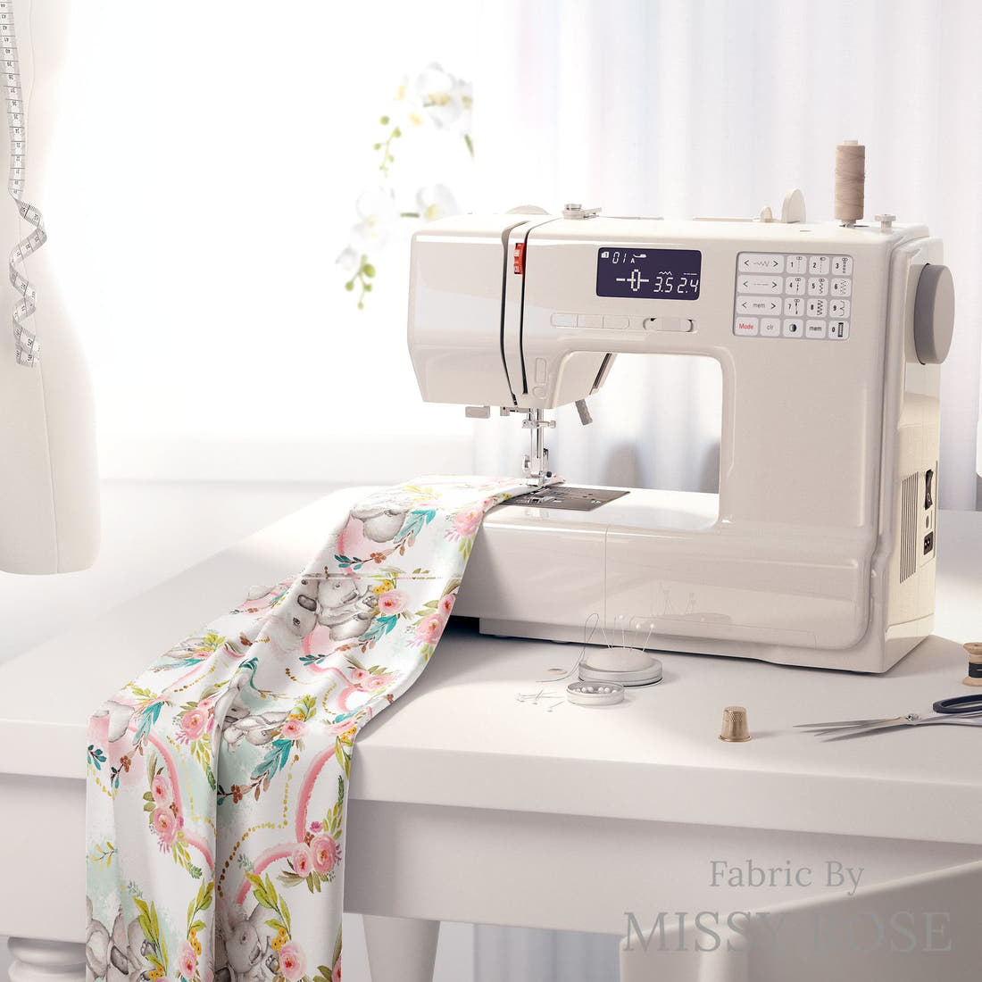 Design 923 Koala Fabric on a sewing machine – premium fabric for sewing projects | Fabric by Missy Rose