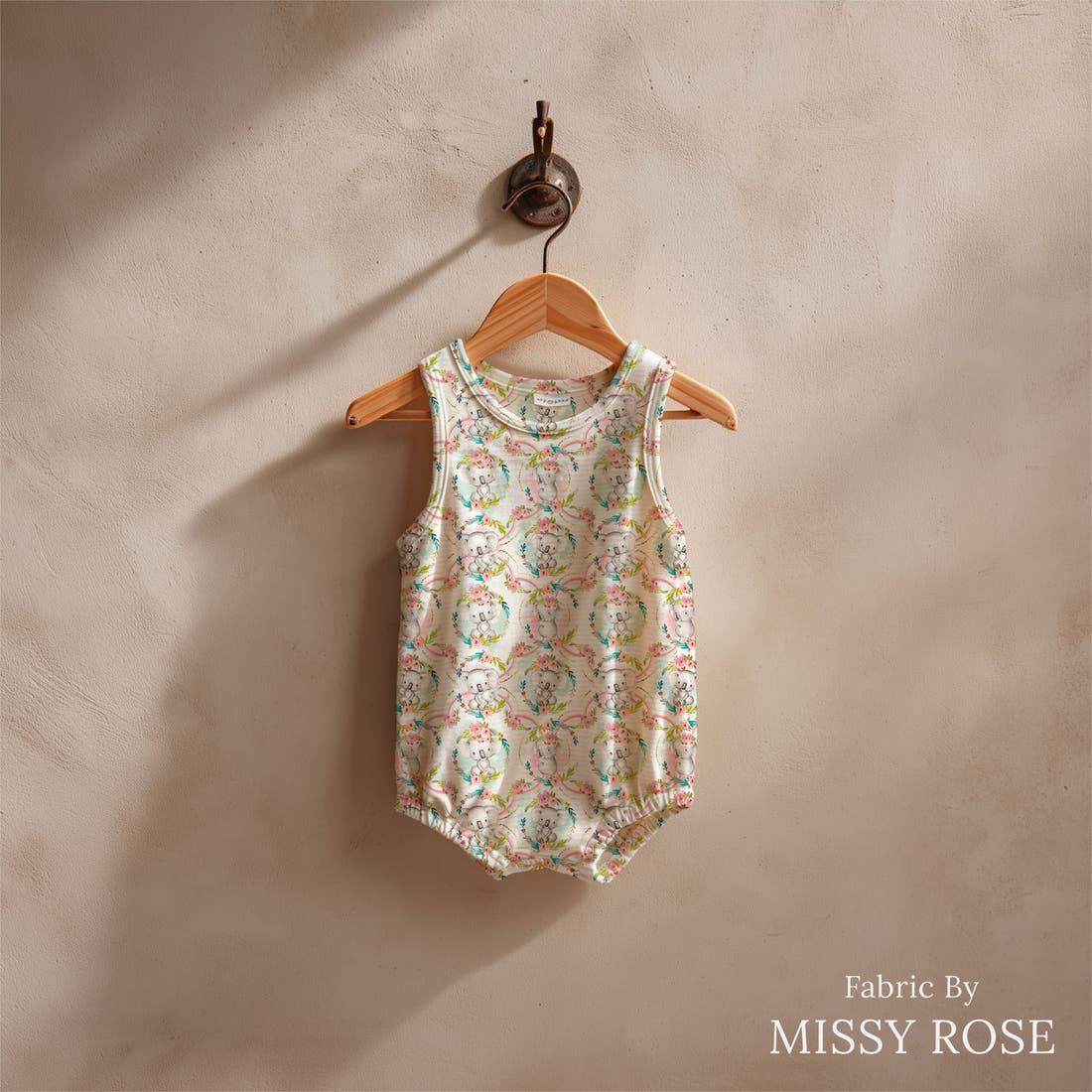 Design 923 Koala Fabric sewn into a baby romper – see how the print looks made up | Fabric by Missy Rose