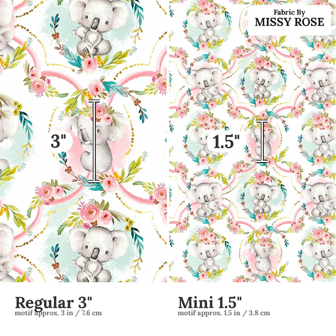 Design 923 Koala Fabric Regular 3 inch vs Mini 1.5 inch print scale side by side | Fabric by Missy Rose