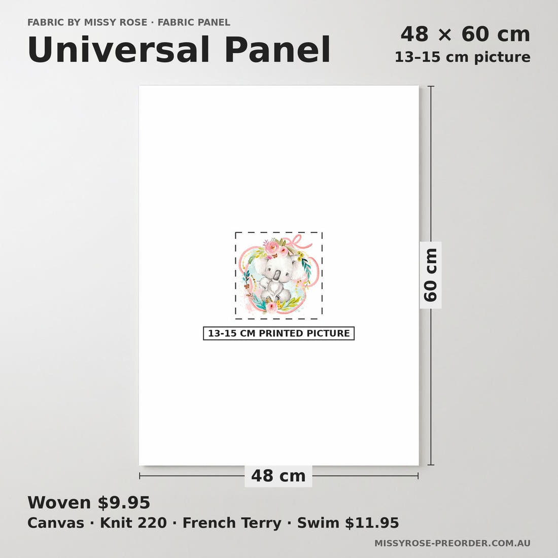 Design 923 Koala Panel universal panel sizing – 13–15 cm printed picture on 48 × 60 cm fabric | Fabric by Missy Rose