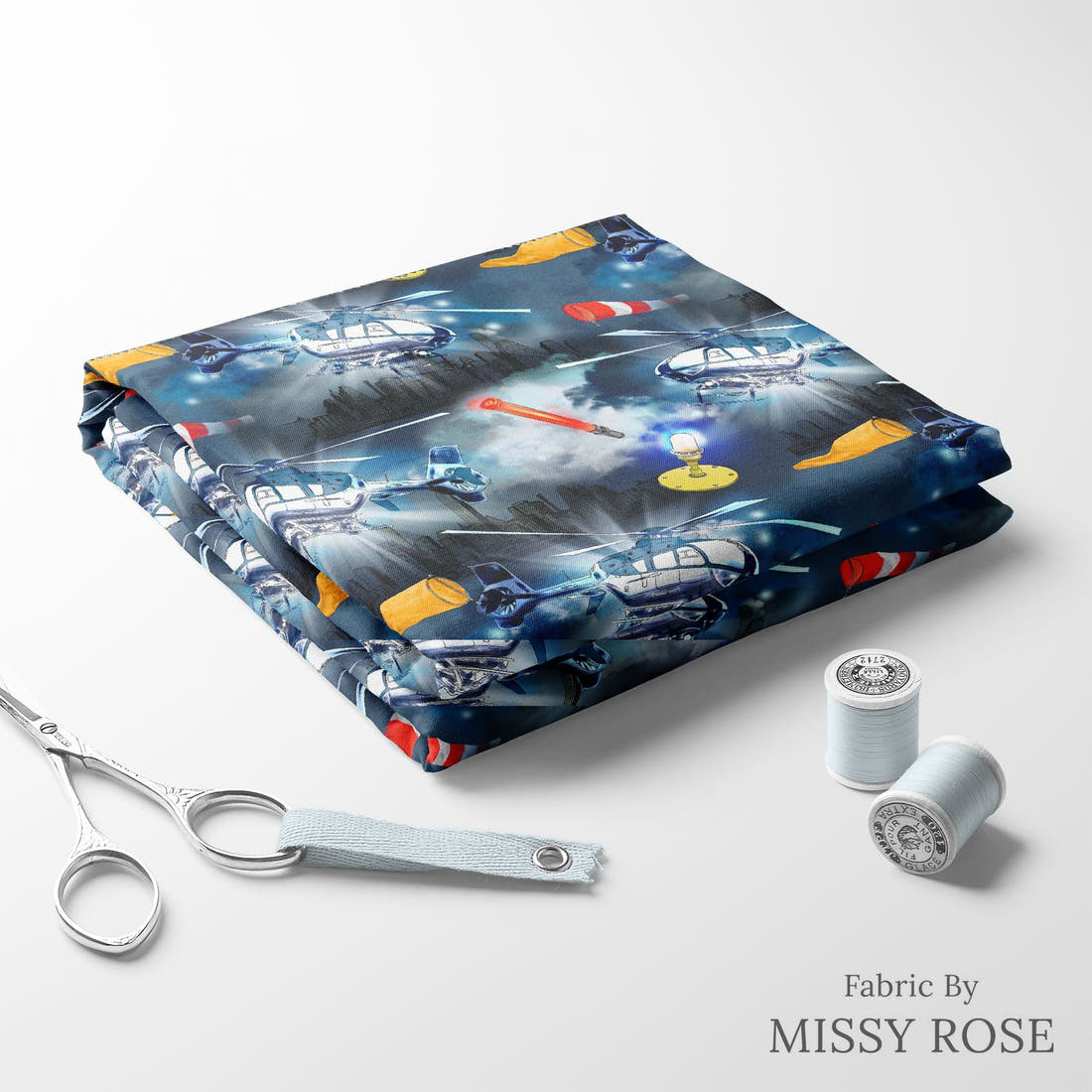 Design 924 Helicopter Fabric folded fabric stack with matching thread – pre-order fabric Australia | Fabric by Missy Rose
