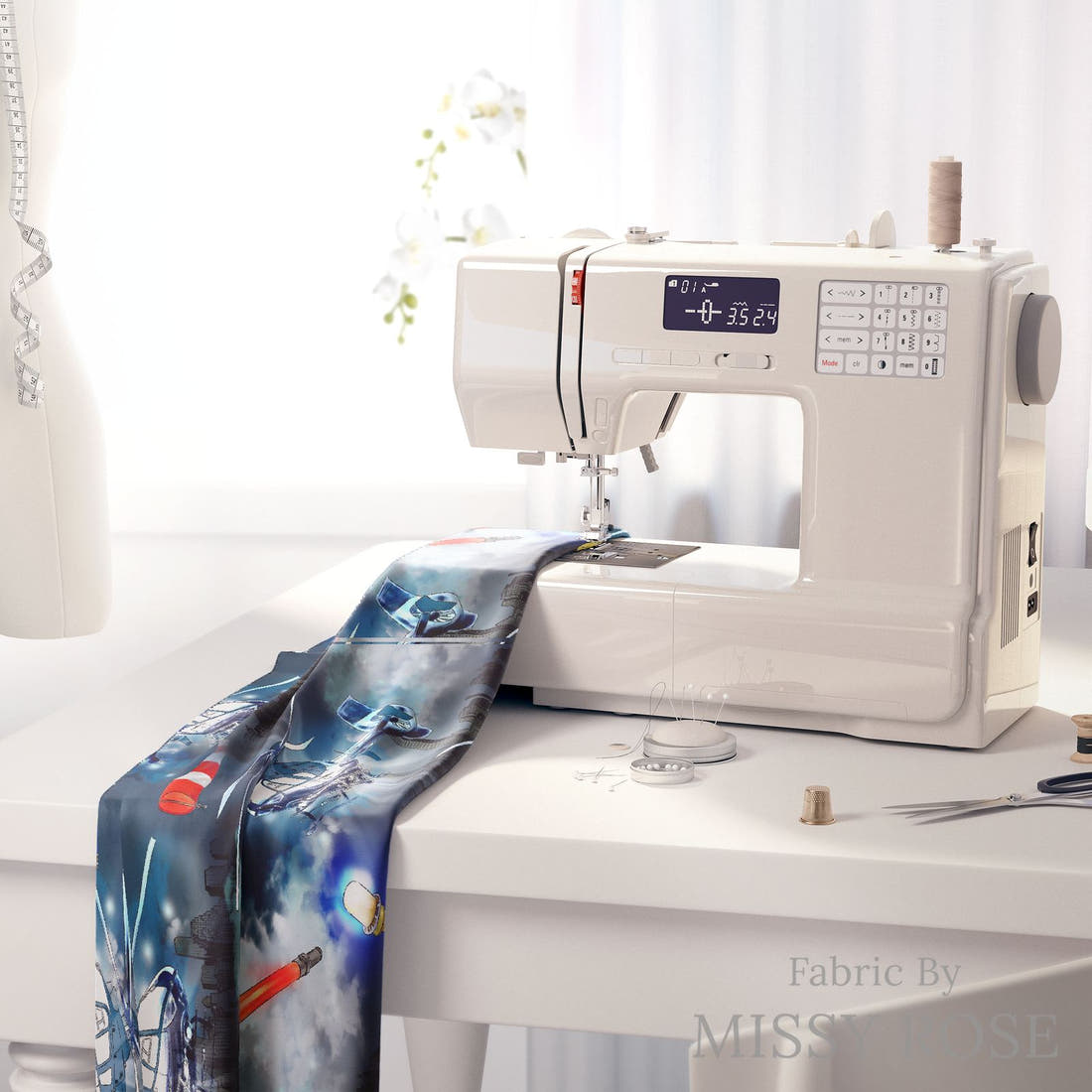 Design 924 Helicopter Fabric on a sewing machine – premium fabric for sewing projects | Fabric by Missy Rose