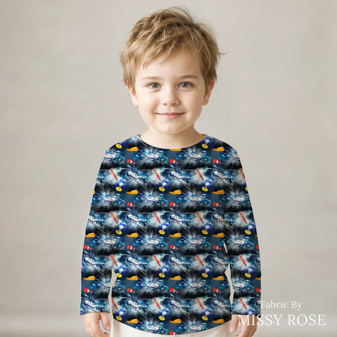 Design 924 Helicopter Fabric sewn into a kids' long sleeve top – see how the print looks made up | Fabric by Missy Rose