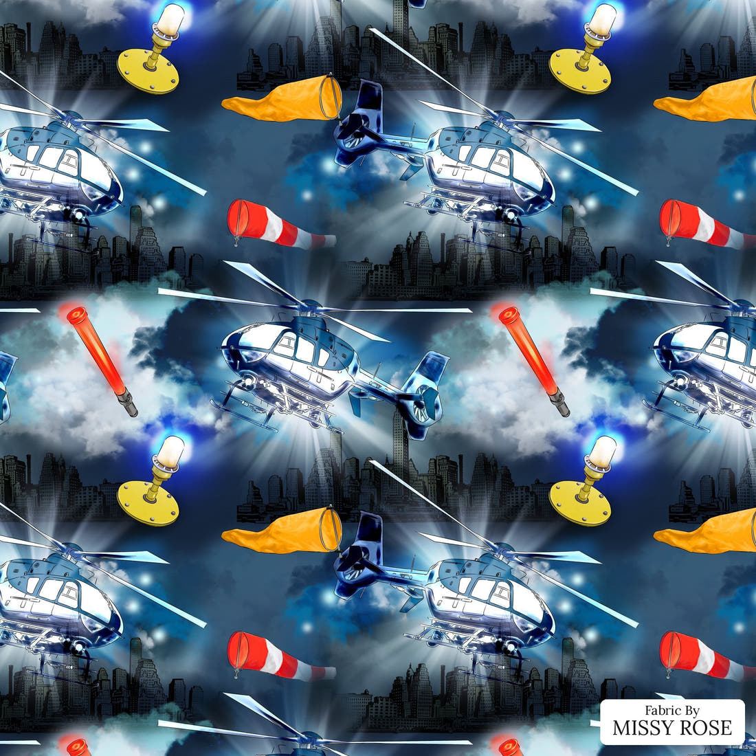 Design 924 Helicopter Fabric – flat view of the print, zoom in for detail | Fabric by Missy Rose