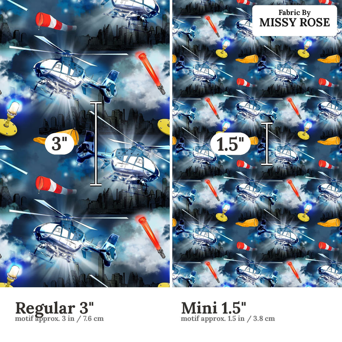 Design 924 Helicopter Fabric Regular 3 inch vs Mini 1.5 inch print scale side by side | Fabric by Missy Rose