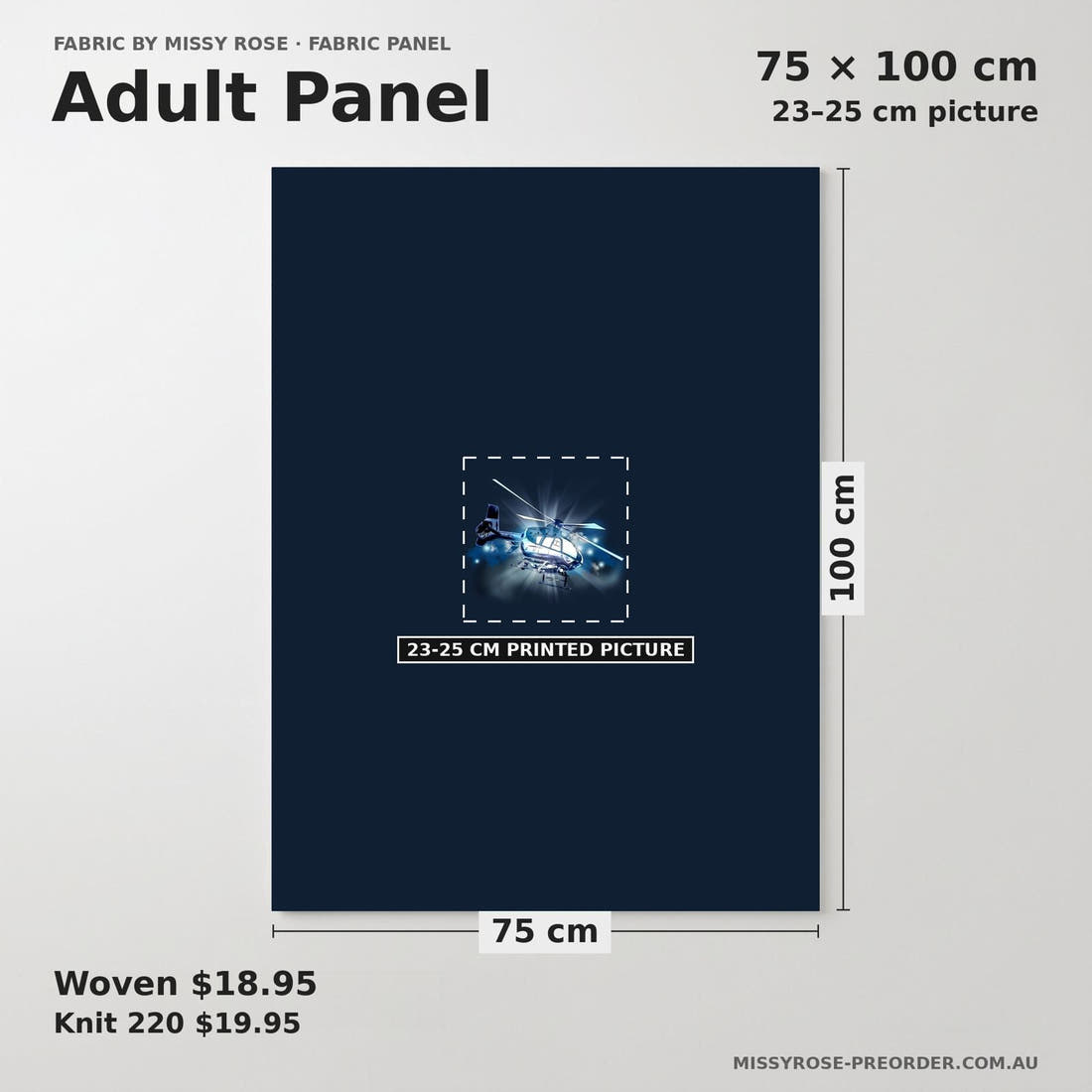 Design 924 Helicopter Panel adult panel sizing – 23–25 cm printed picture on 75 × 100 cm fabric | Fabric by Missy Rose