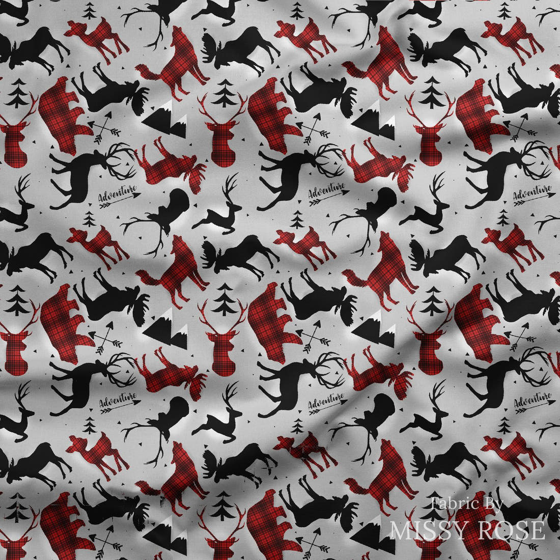 Design 925 Grey Woodlands Fabric draped fabric mockup – custom printed fabric by the metre | Fabric by Missy Rose
