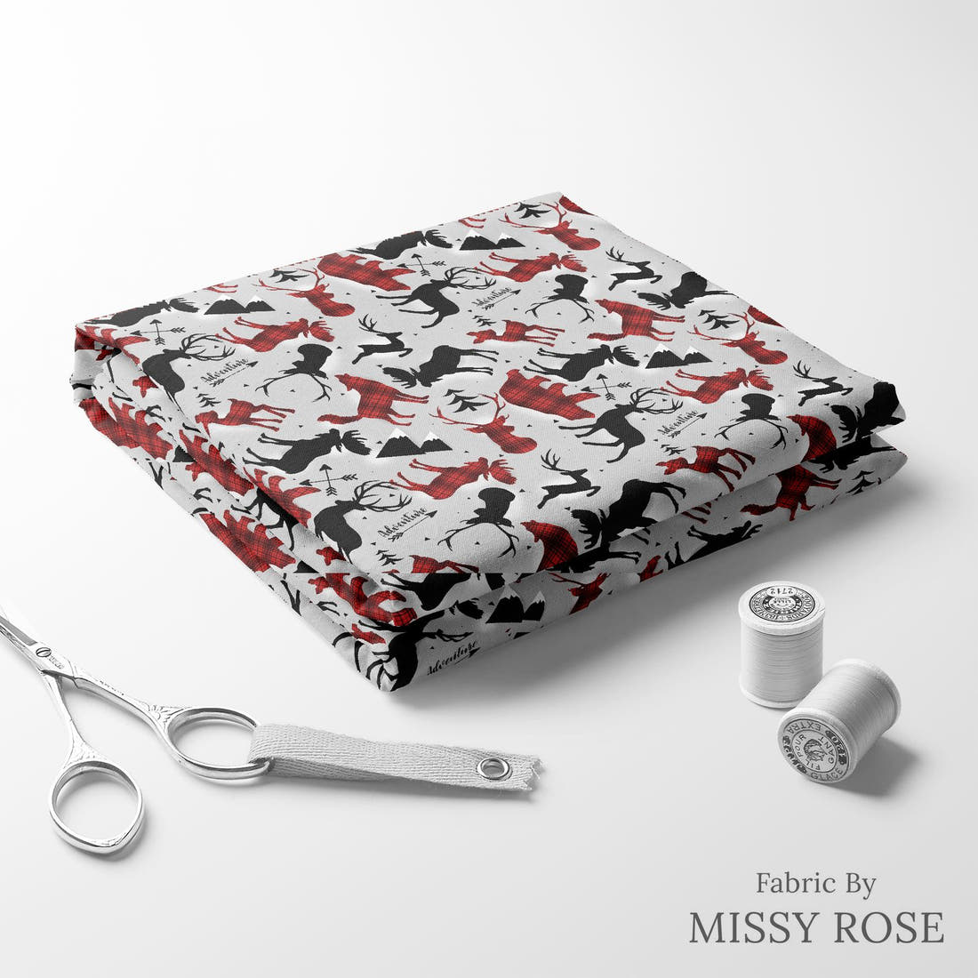 Design 925 Grey Woodlands Fabric folded fabric stack with matching thread – pre-order fabric Australia | Fabric by Missy Rose