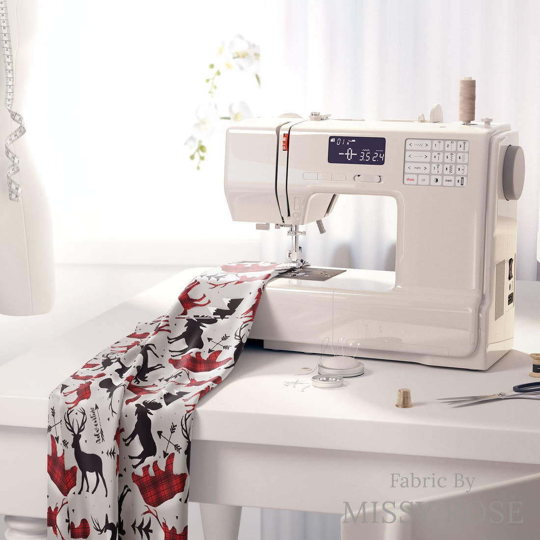 Design 925 Grey Woodlands Fabric on a sewing machine – premium fabric for sewing projects | Fabric by Missy Rose