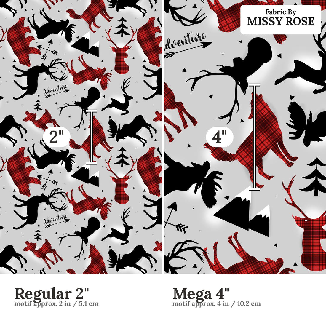 Design 925 Grey Woodlands Fabric Regular 2 inch vs Mega 4 inch print scale side by side | Fabric by Missy Rose