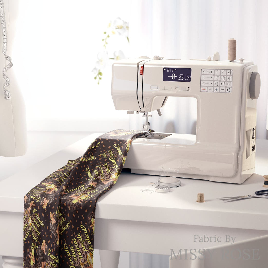 Design 926 Funny Retro Fabric on a sewing machine – premium fabric for sewing projects | Fabric by Missy Rose