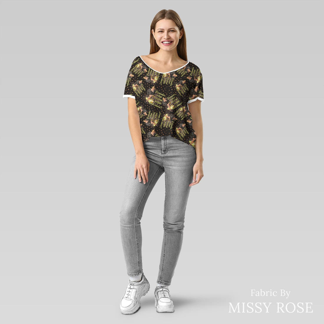 Design 926 Funny Retro Fabric sewn into an everyday tee – see how the print looks made up | Fabric by Missy Rose