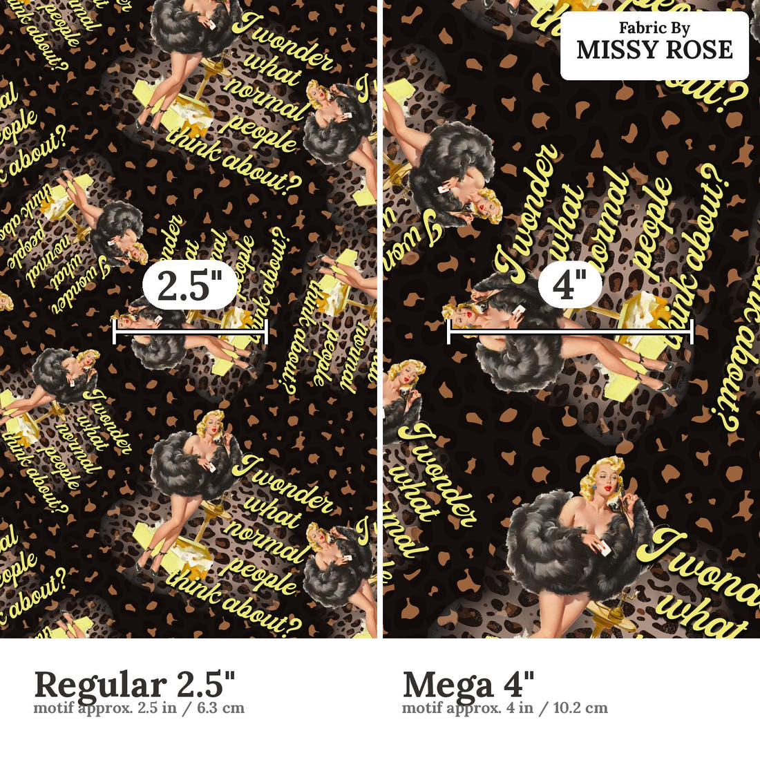 Design 926 Funny Retro Fabric Regular 2.5 inch vs Mega 4 inch print scale side by side | Fabric by Missy Rose