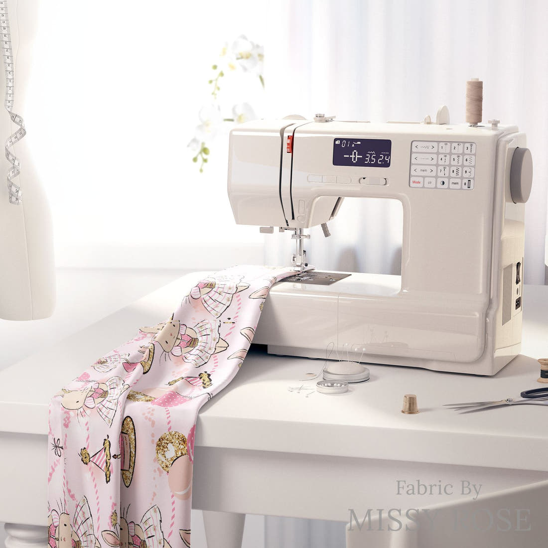 Design 927 Ballerina Bunny Fabric on a sewing machine – premium fabric for sewing projects | Fabric by Missy Rose