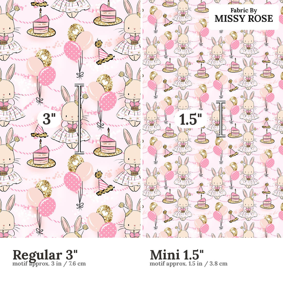 Design 927 Ballerina Bunny Fabric Regular 3 inch vs Mini 1.5 inch print scale side by side | Fabric by Missy Rose