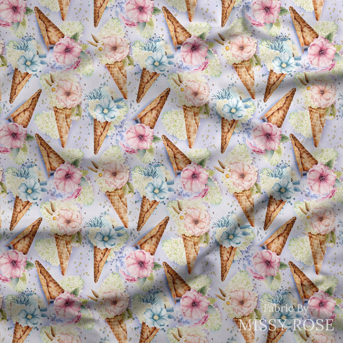 Design 928 Floral Ice Cream Fabric draped fabric mockup – custom printed fabric by the metre | Fabric by Missy Rose