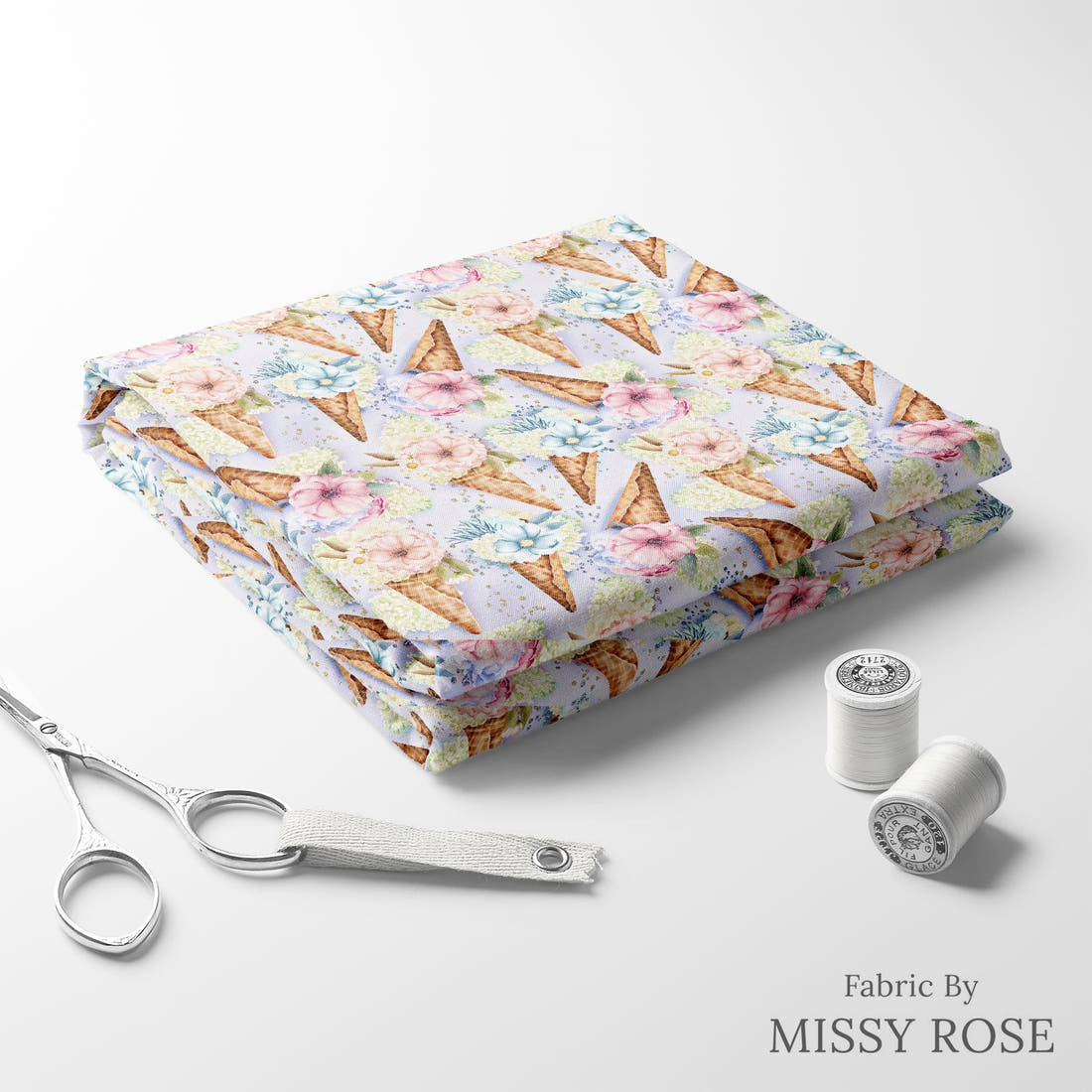 Design 928 Floral Ice Cream Fabric folded fabric stack with matching thread – pre-order fabric Australia | Fabric by Missy Rose