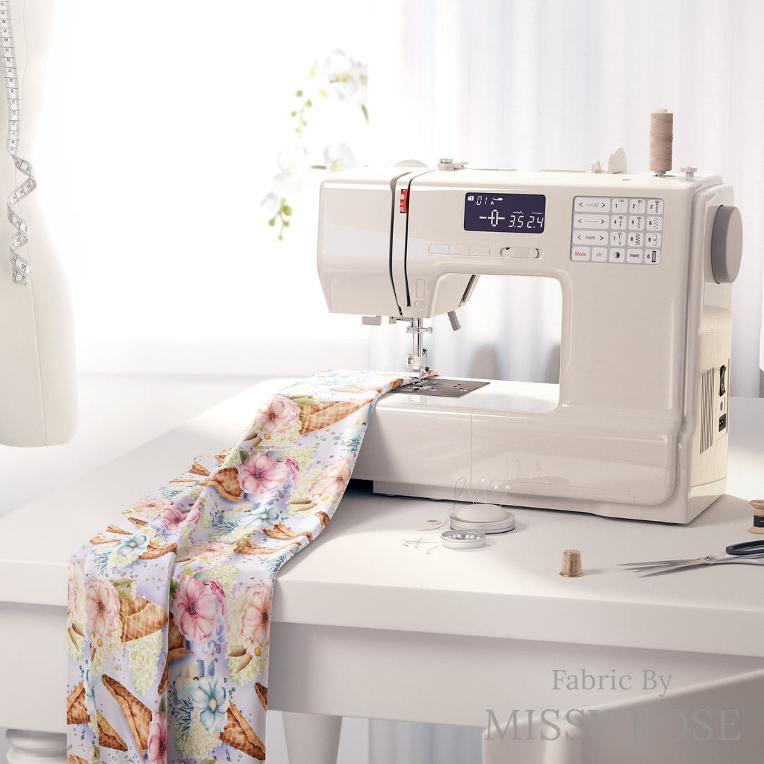 Design 928 Floral Ice Cream Fabric on a sewing machine – premium fabric for sewing projects | Fabric by Missy Rose