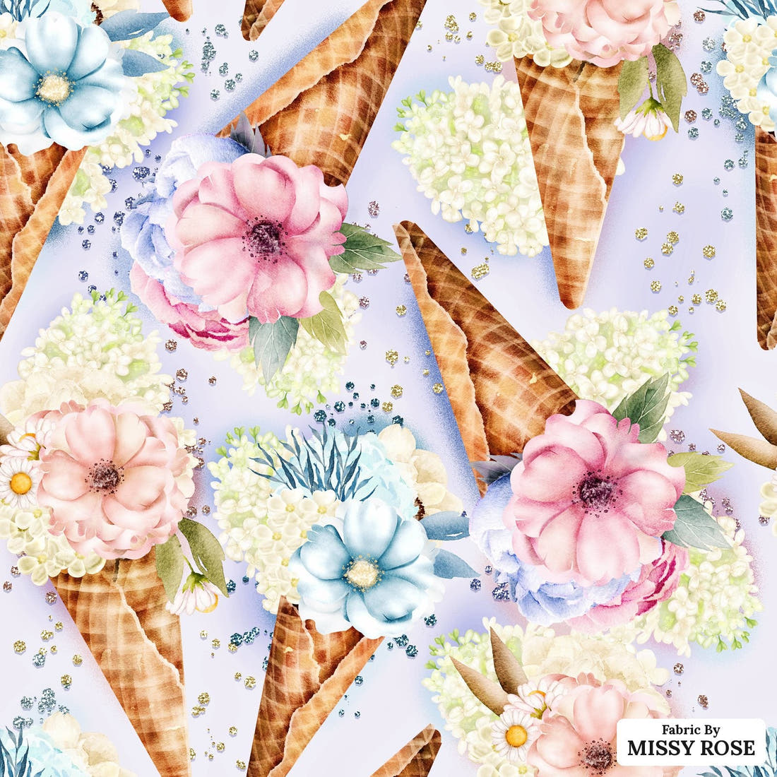 Design 928 Floral Ice Cream Fabric – flat view of the print, zoom in for detail | Fabric by Missy Rose