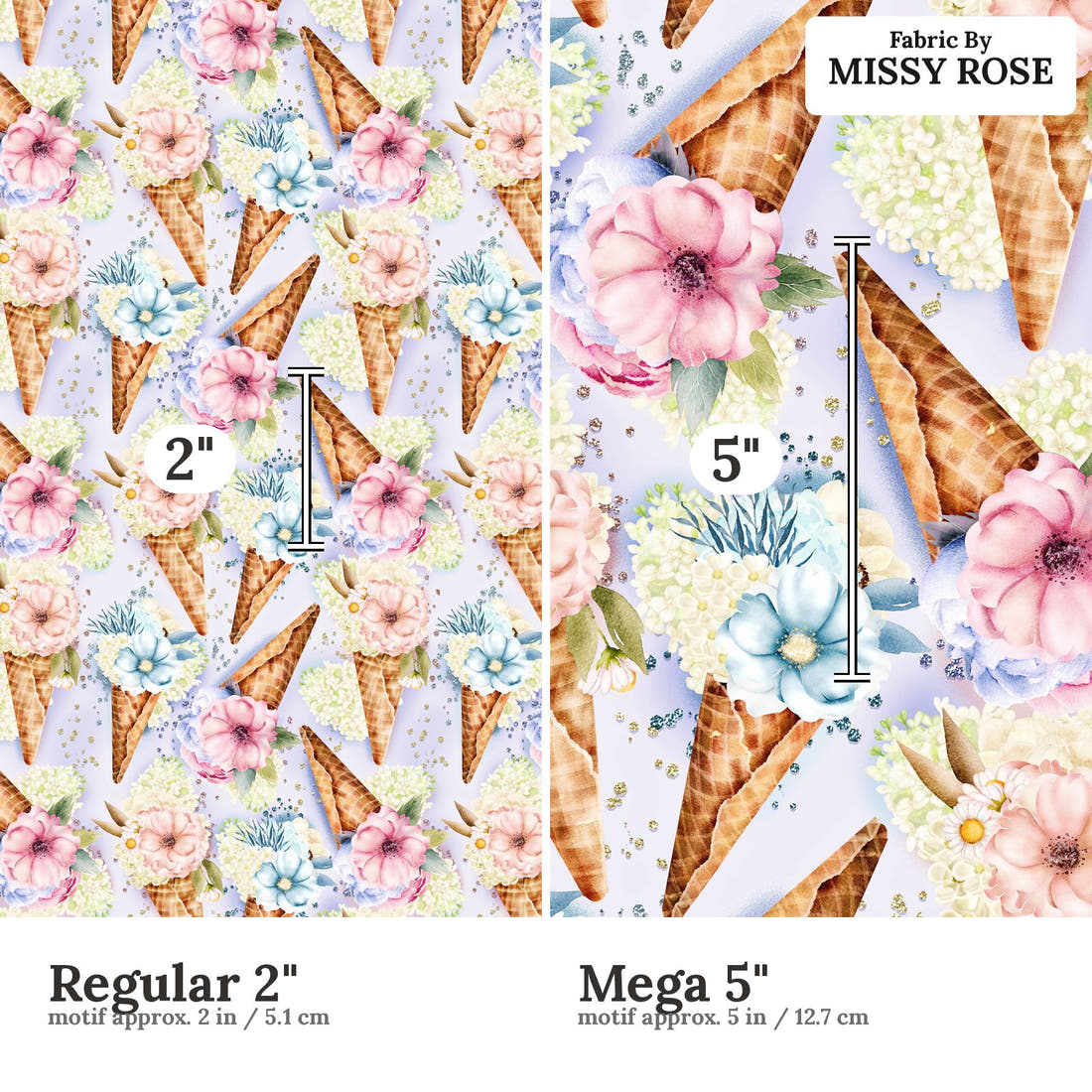 Design 928 Floral Ice Cream Fabric Regular 2 inch vs Mega 5 inch print scale side by side | Fabric by Missy Rose