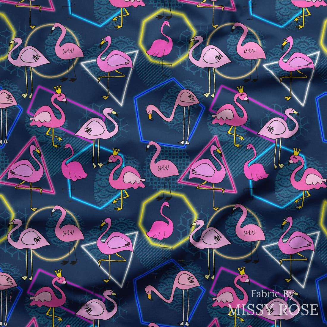 Design 929 Navy Flamingo Fabric draped fabric mockup – custom printed fabric by the metre | Fabric by Missy Rose