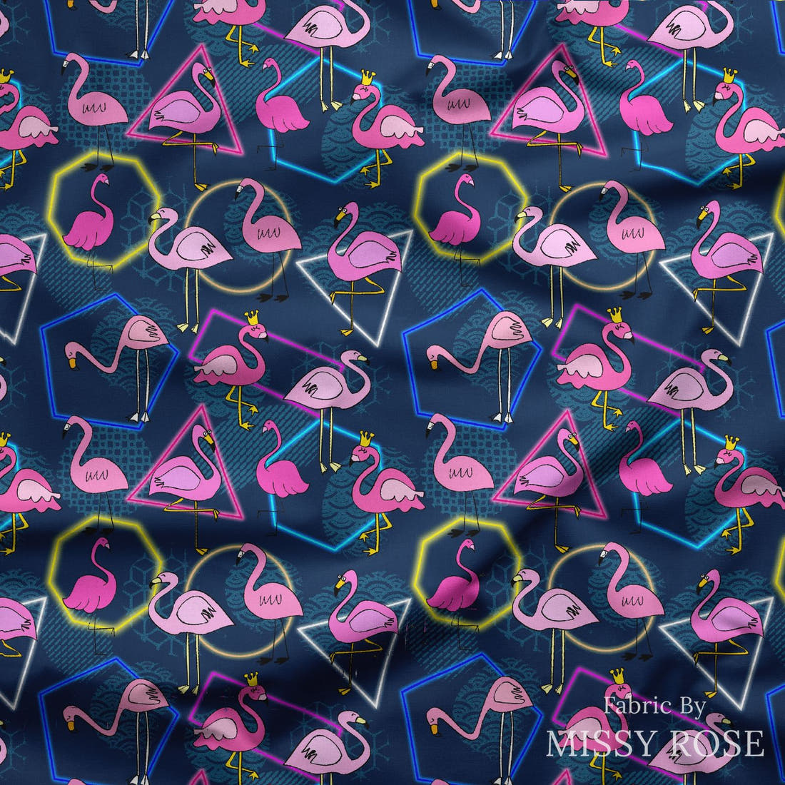 Design 929 Navy Flamingo Fabric draped fabric mockup – custom printed fabric by the metre | Fabric by Missy Rose