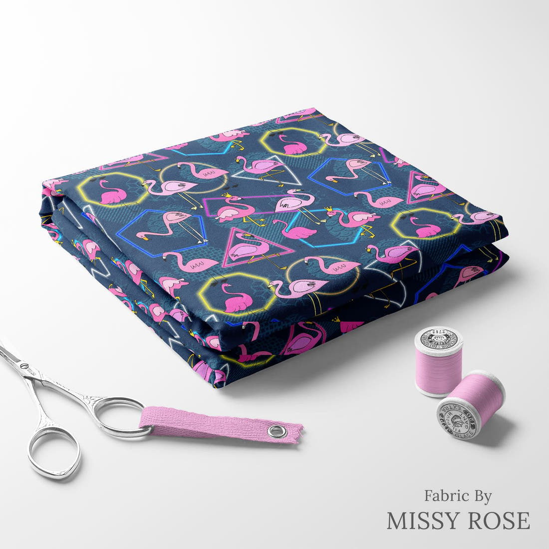 Design 929 Navy Flamingo Fabric folded fabric stack with matching thread – pre-order fabric Australia | Fabric by Missy Rose