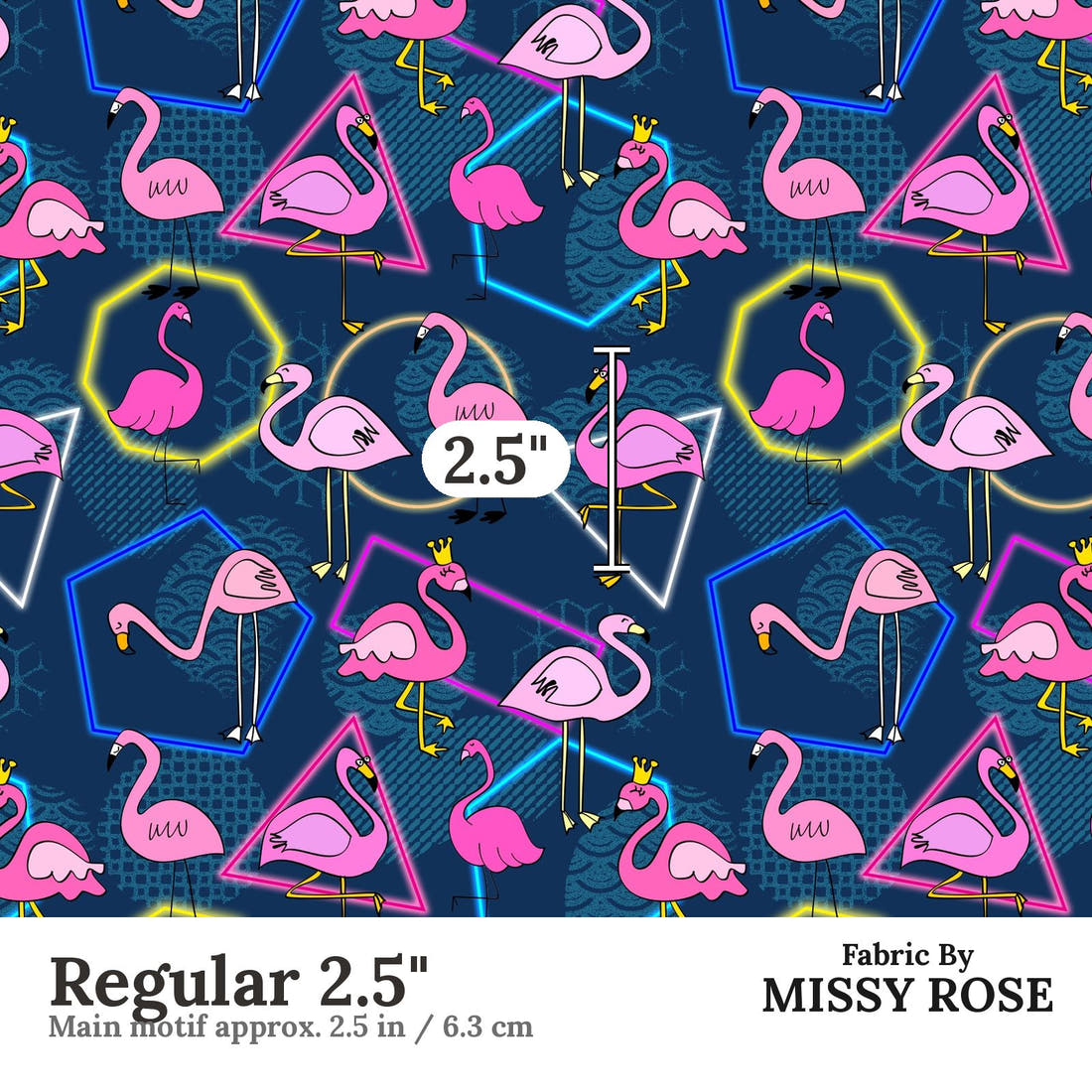 Design 929 Navy Flamingo Fabric Regular 2.5 inch print scale guide | Fabric by Missy Rose