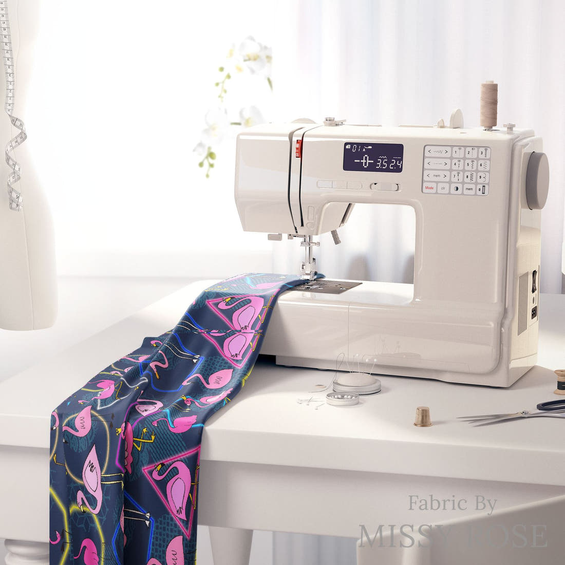 Design 929 Navy Flamingo Fabric on a sewing machine – premium fabric for sewing projects | Fabric by Missy Rose