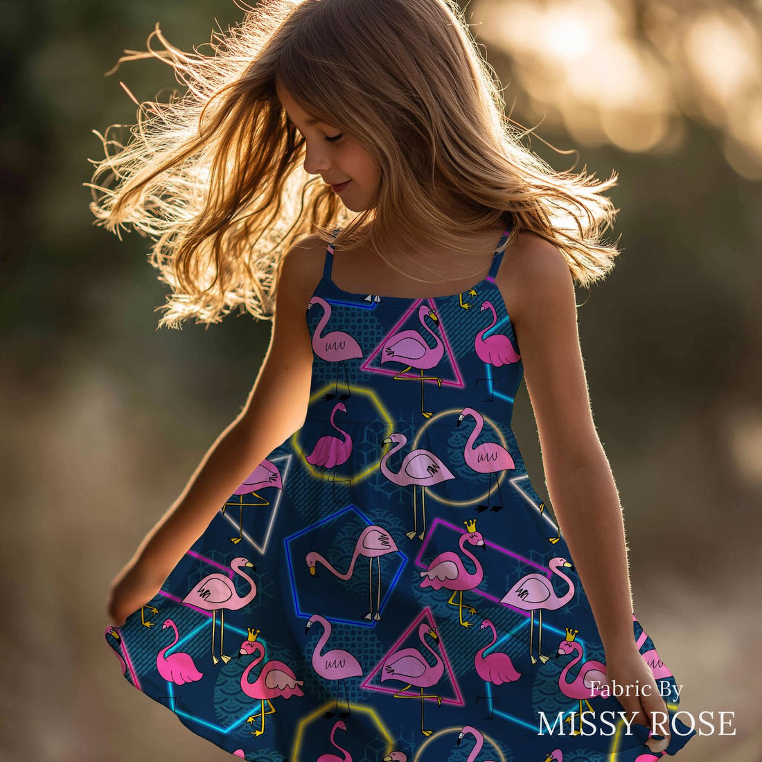 Design 929 Navy Flamingo Fabric sewn into a girls' dress – see how the print looks made up | Fabric by Missy Rose