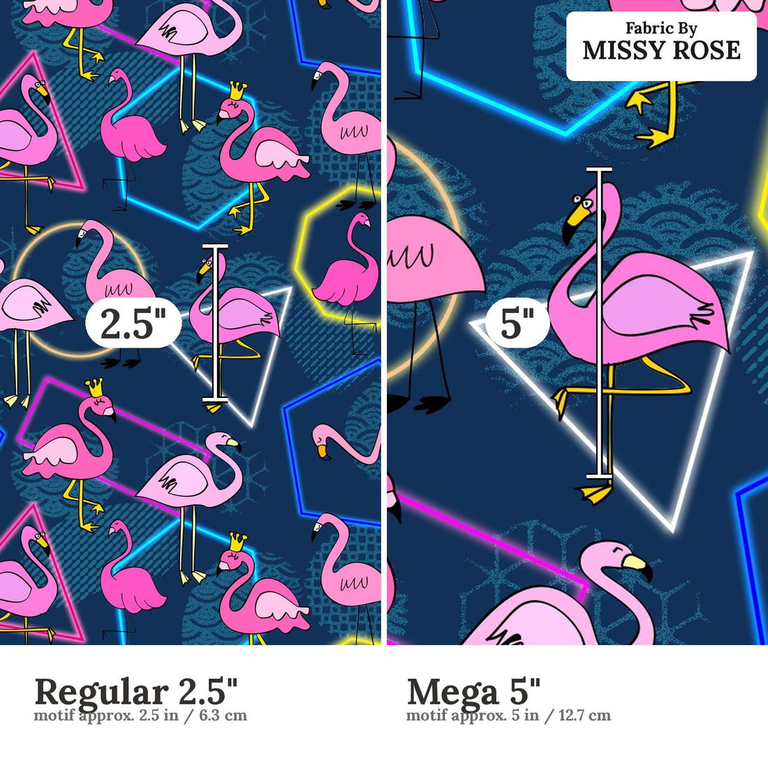 Design 929 Navy Flamingo Fabric Regular 2.5 inch vs Mega 5 inch print scale side by side | Fabric by Missy Rose