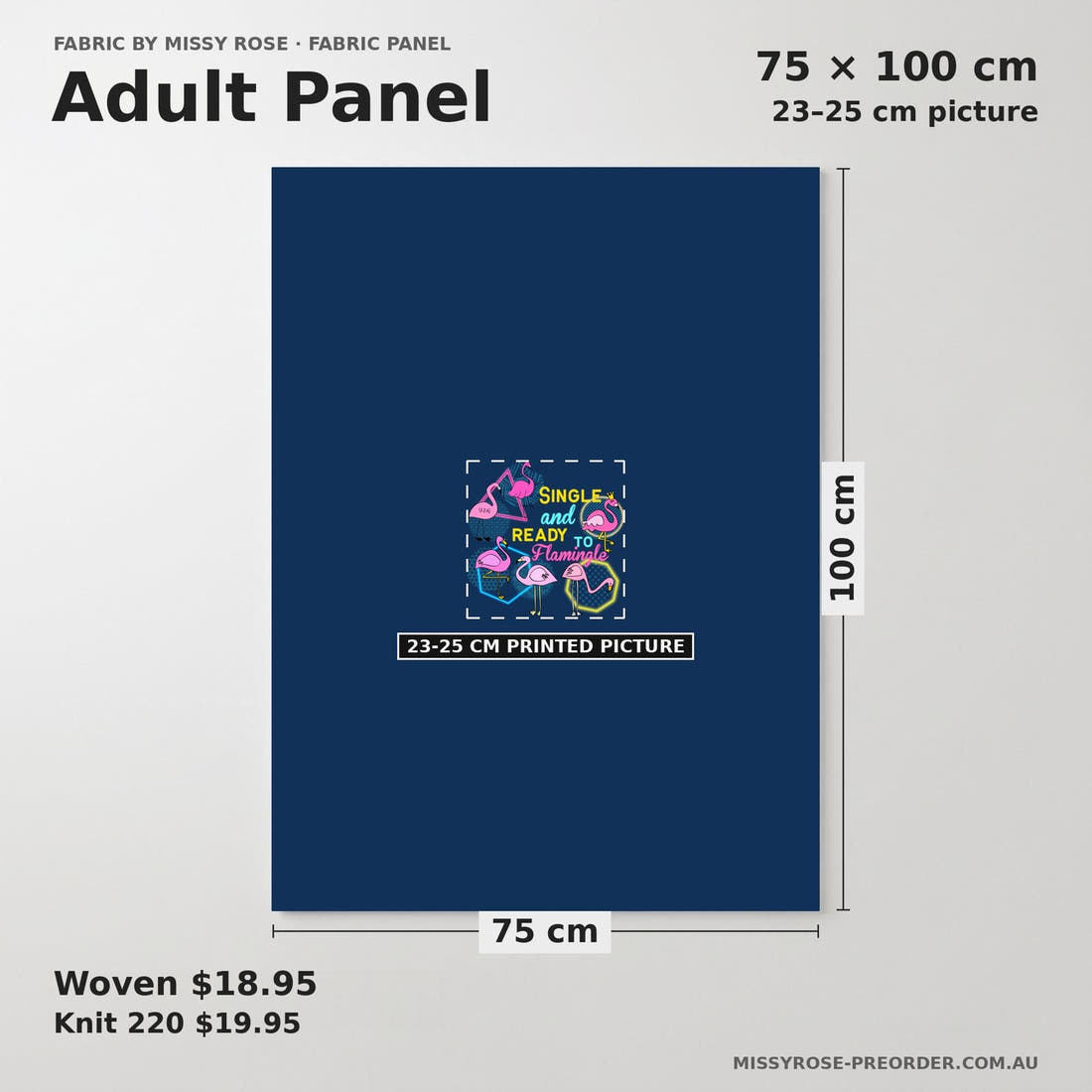 Design 929 Navy Flamingo Panel adult panel sizing – 23–25 cm printed picture on 75 × 100 cm fabric | Fabric by Missy Rose