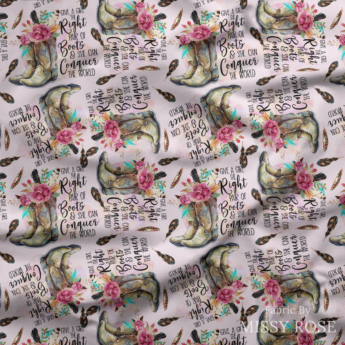 Design 93 Cowgirl Boots Fabric draped fabric mockup – custom printed fabric by the metre | Fabric by Missy Rose