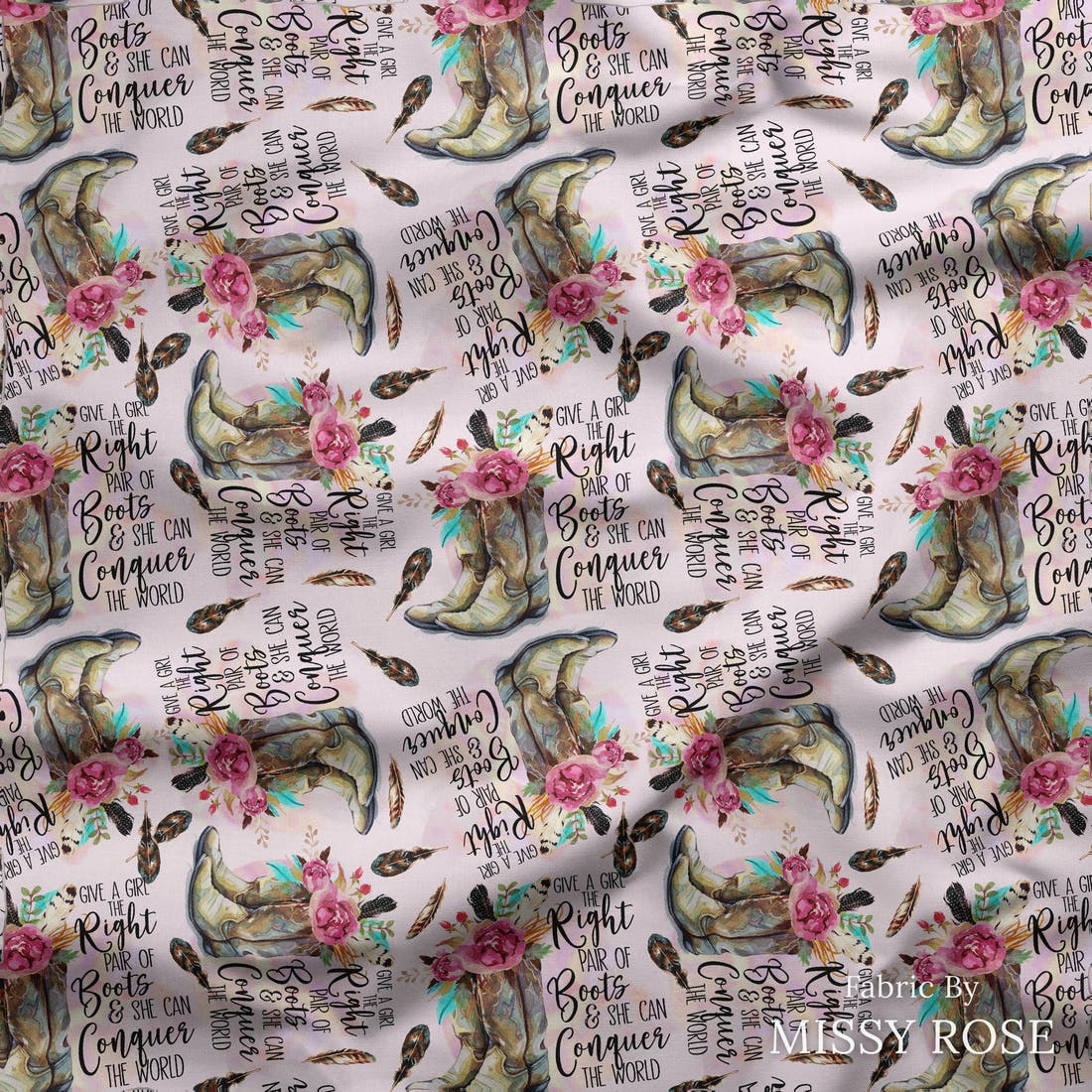 Design 93 Cowgirl Boots Fabric draped fabric mockup – custom printed fabric by the metre | Fabric by Missy Rose