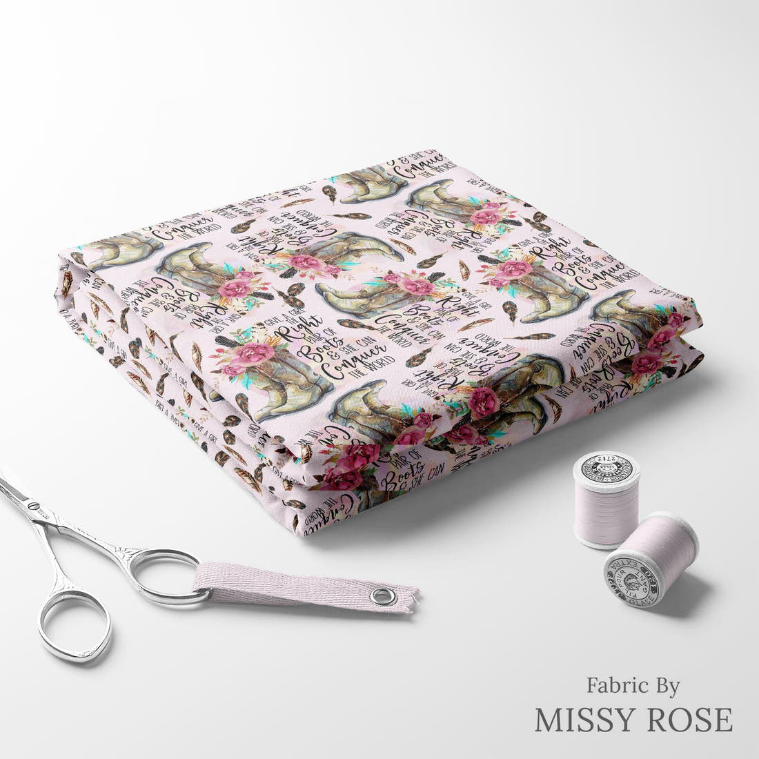 Design 93 Cowgirl Boots Fabric folded fabric stack with matching thread – pre-order fabric Australia | Fabric by Missy Rose