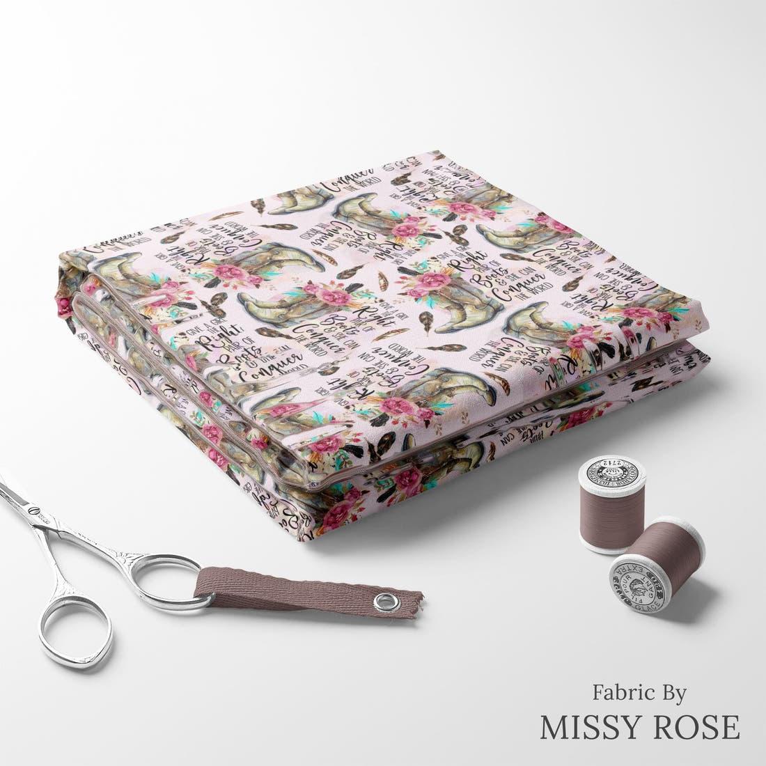 Design 93 Cowgirl Boots Fabric folded fabric stack with matching thread – pre-order fabric Australia | Fabric by Missy Rose