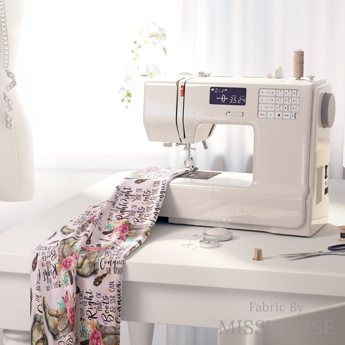 Design 93 Cowgirl Boots Fabric on a sewing machine – premium fabric for sewing projects | Fabric by Missy Rose