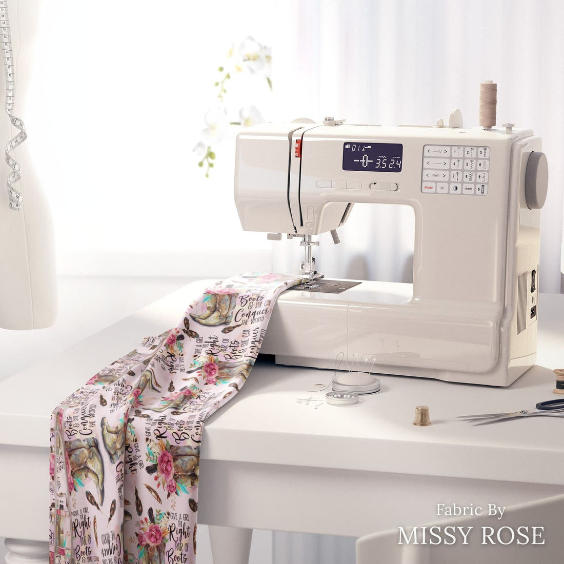 Design 93 Cowgirl Boots Fabric on a sewing machine – premium fabric for sewing projects | Fabric by Missy Rose