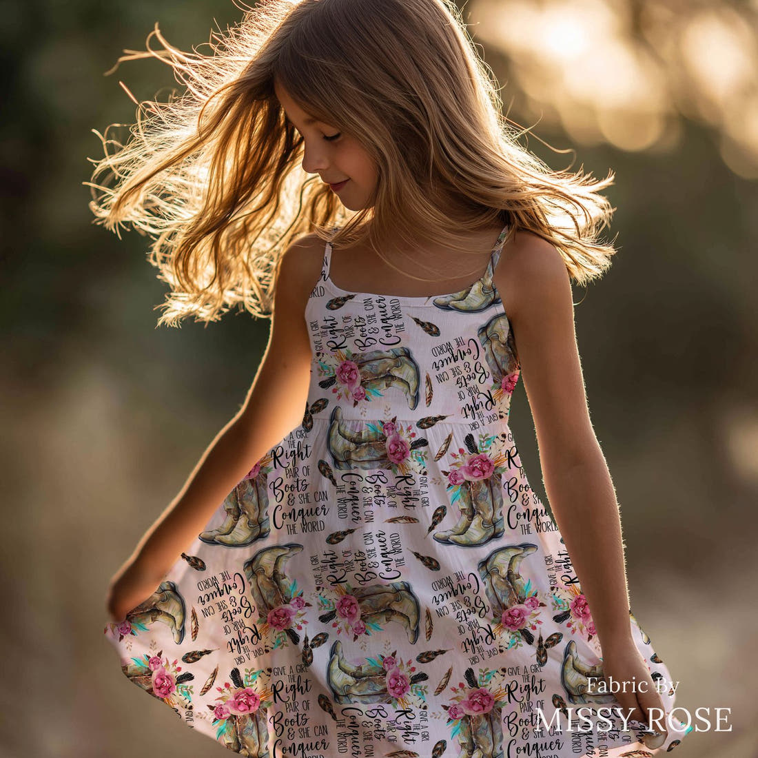 Design 93 Cowgirl Boots Fabric sewn into a girls' dress – see how the print looks made up | Fabric by Missy Rose