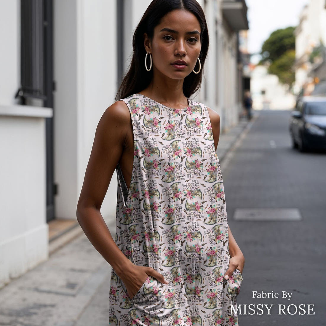 Design 93 Cowgirl Boots Fabric sewn into a women's jumpsuit – see how the print looks made up | Fabric by Missy Rose