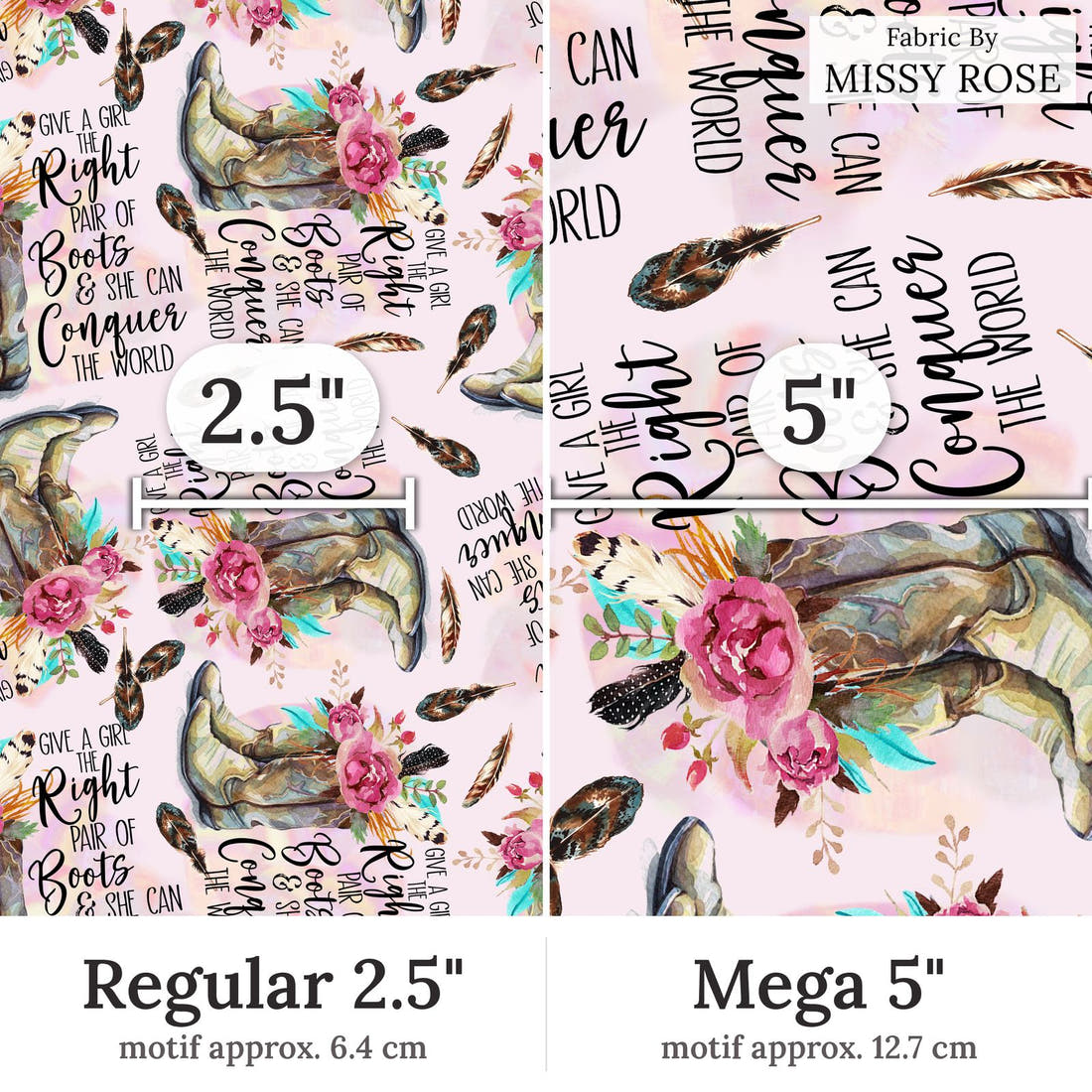 Design 93 Cowgirl Boots Fabric Regular 2.5 inch vs Mega 5 inch print scale side by side | Fabric by Missy Rose
