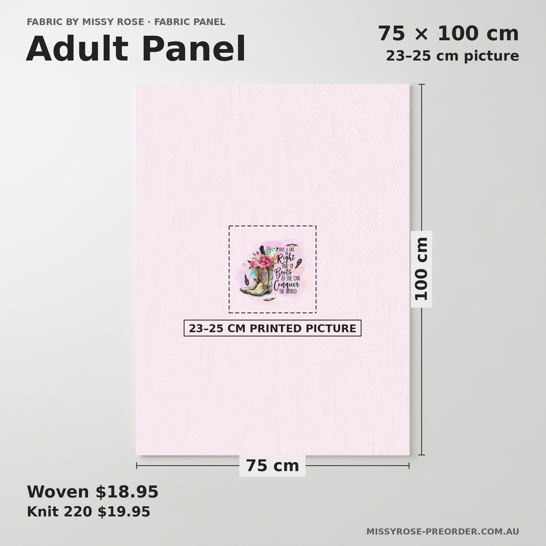 Design 93 Cowgirl Boots Panel adult panel sizing – 23–25 cm printed picture on 75 × 100 cm fabric | Fabric by Missy Rose