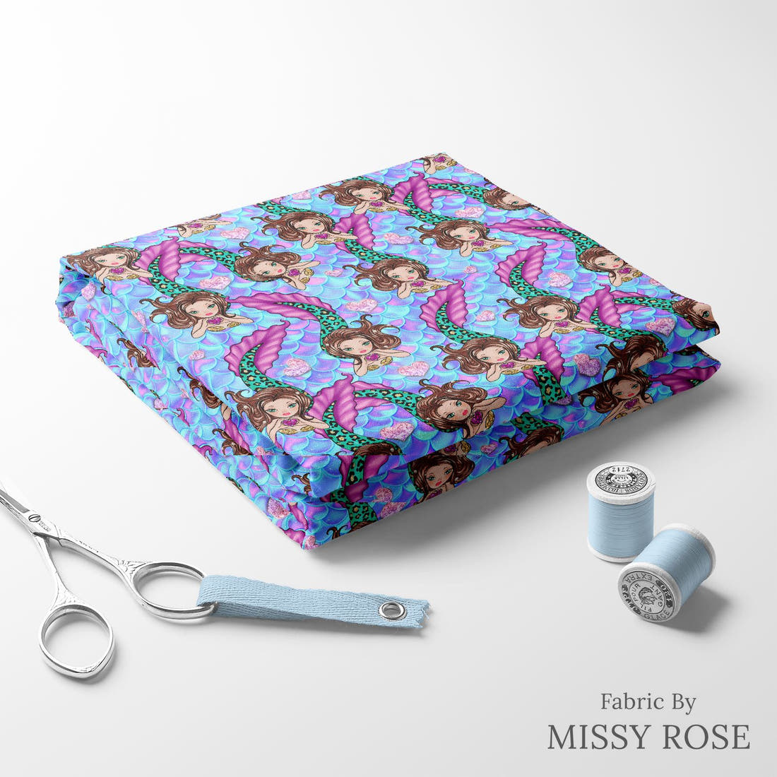 Design 931 Mermaid Fabric folded fabric stack with matching thread – pre-order fabric Australia | Fabric by Missy Rose