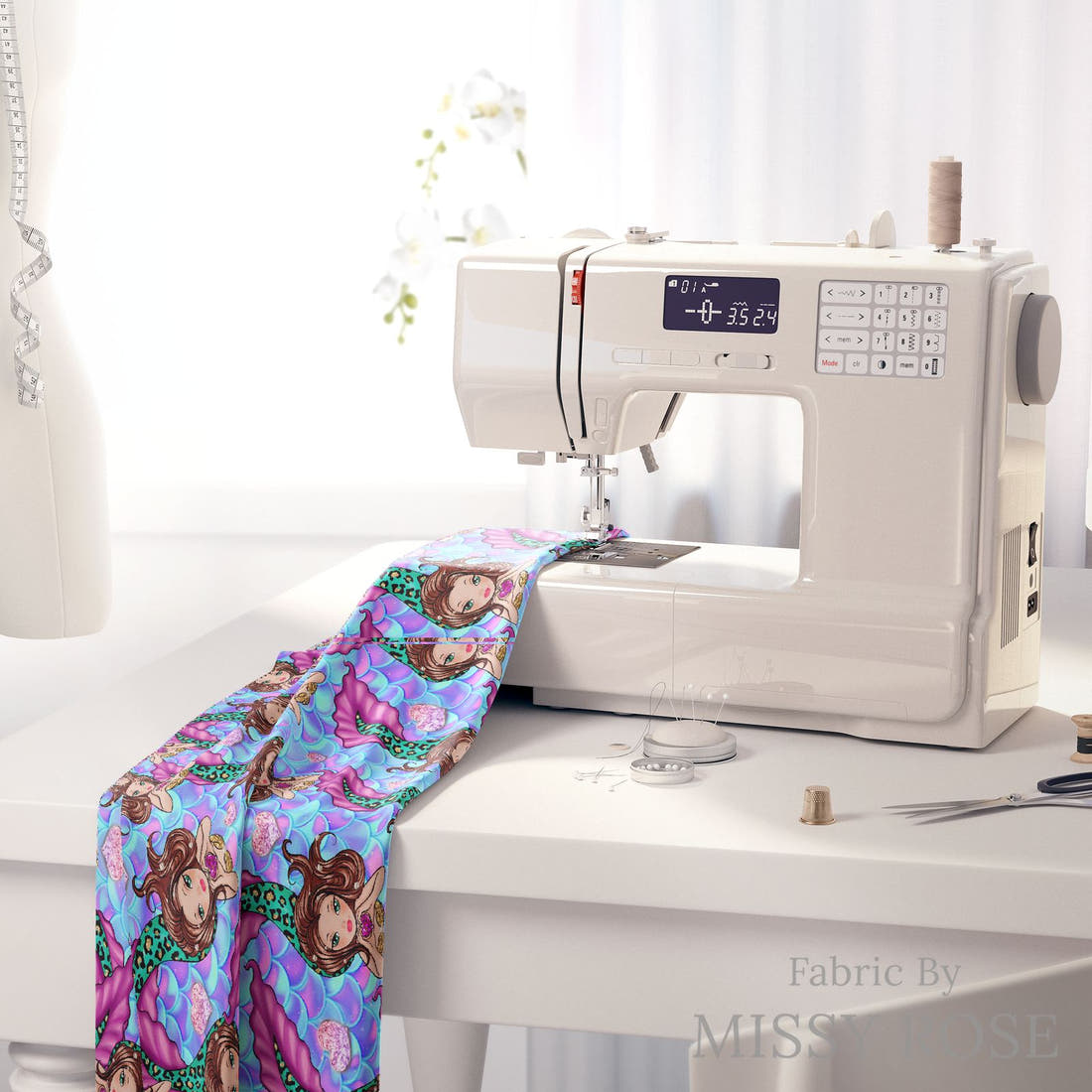 Design 931 Mermaid Fabric on a sewing machine – premium fabric for sewing projects | Fabric by Missy Rose