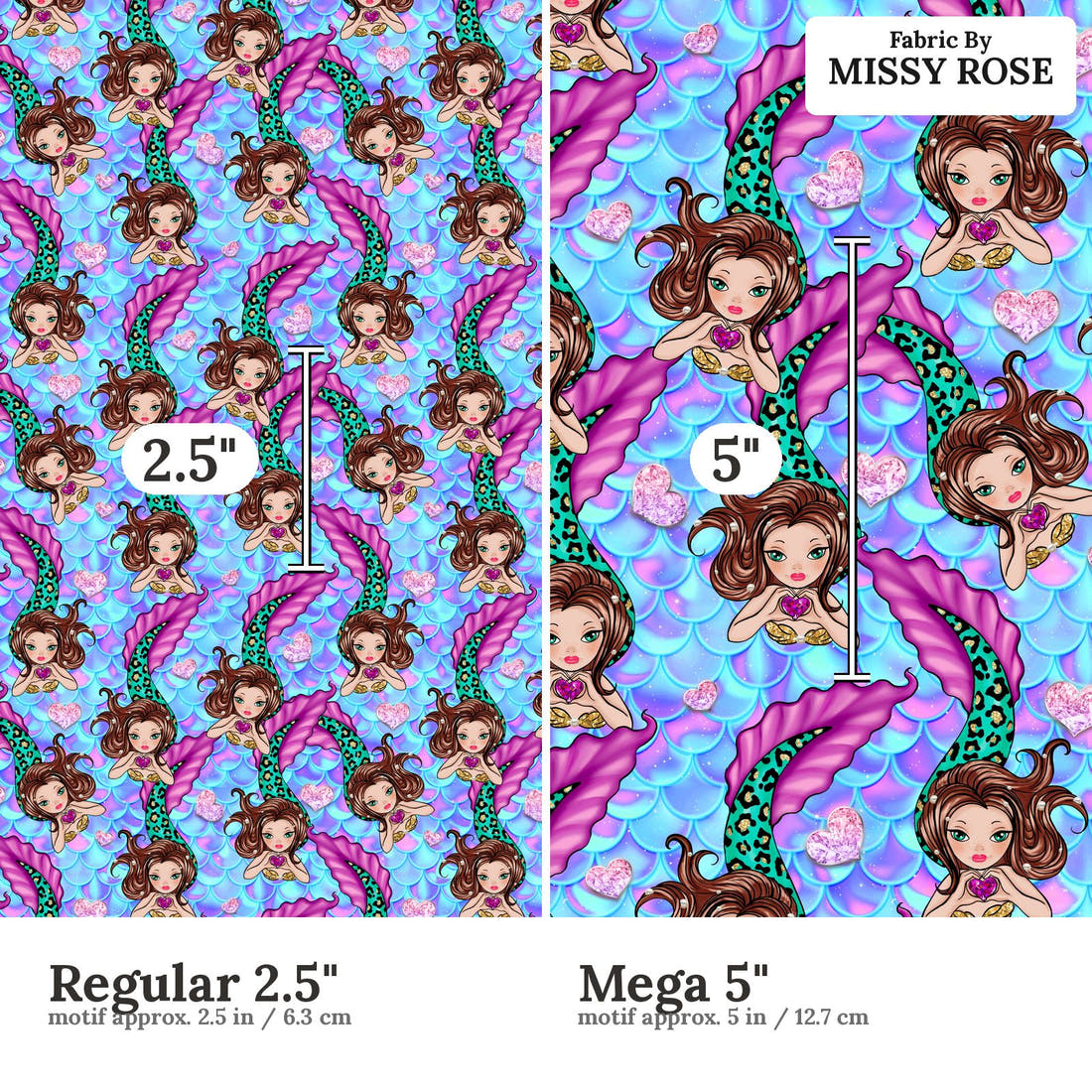 Design 931 Mermaid Fabric Regular 2.5 inch vs Mega 5 inch print scale side by side | Fabric by Missy Rose