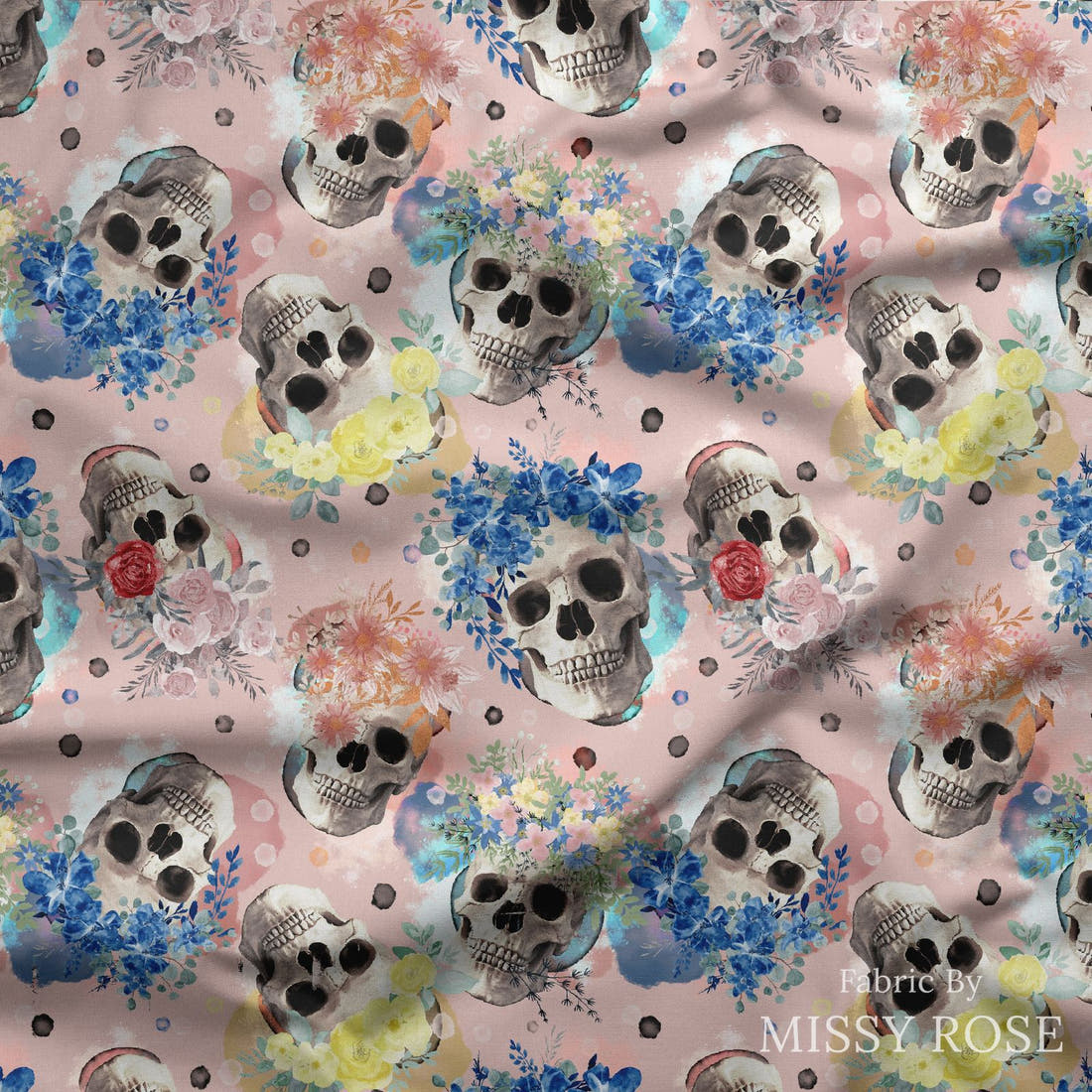 Design 932 Pink Skulls Fabric draped fabric mockup – custom printed fabric by the metre | Fabric by Missy Rose