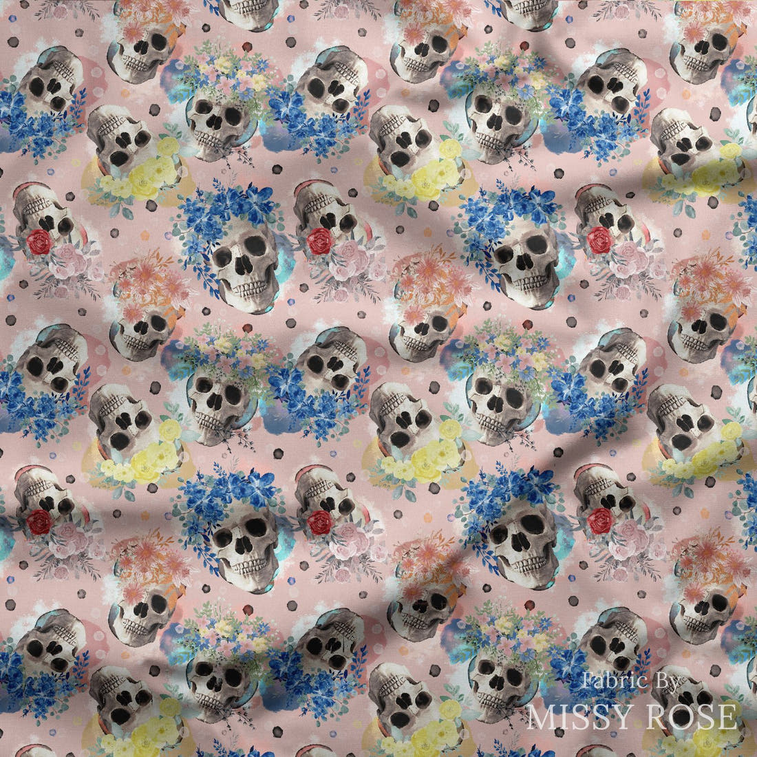 Design 932 Pink Skulls Fabric draped fabric mockup – custom printed fabric by the metre | Fabric by Missy Rose