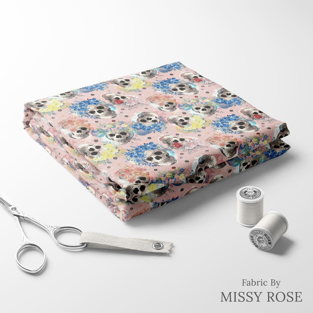 Design 932 Pink Skulls Fabric folded fabric stack with matching thread – pre-order fabric Australia | Fabric by Missy Rose